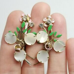 Vintage Retro Flower Clip On Earrings, Enamel Rhinestone Prong Set, Estate